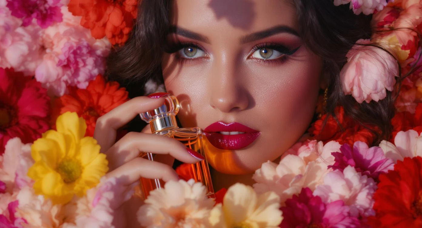 Motion blur Extreme Closeup photo of a beautifull woman holding perfume around beautifull colorfull flowers, cinematic light, 8K, very detailed, sharp, depth (foreground, midground, background) emoji