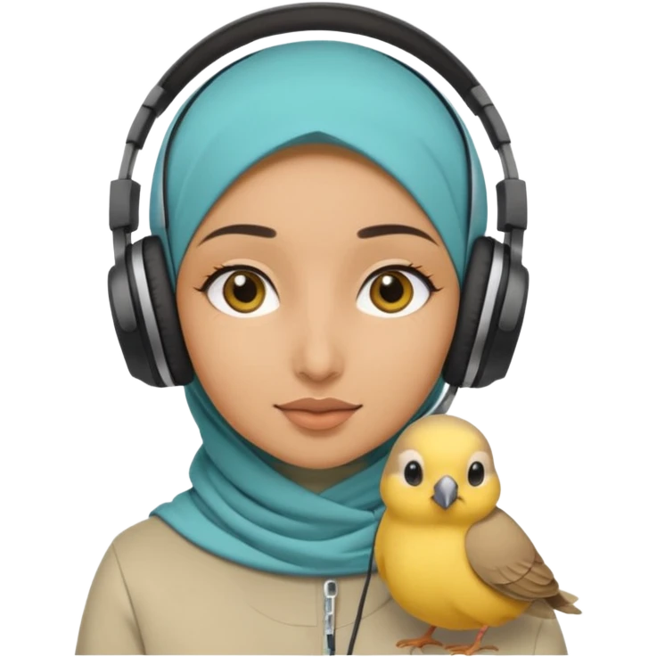 A hijabi girl with a medium skin tone wearing headphones with a small birdie on her head emoji
