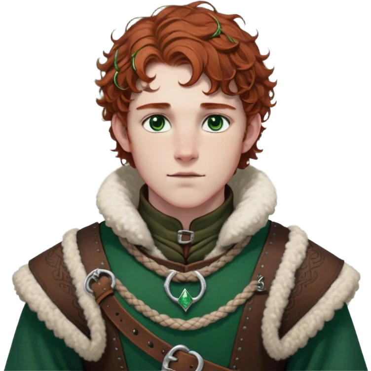 Medieval winter outfit worn by a DnD themed fantasy male character. Rich brown leather-trimmed wool tunic with sheepskin lining, featuring intricate metal buckles at the collar, paired with a heavy braided belt. Clothes only above the waist, full waist coverage. The character has no arms. Character is white-skinned with auburn hair, emerald green eyes, and short curly hair beneath a light dusting of snow. emoji
