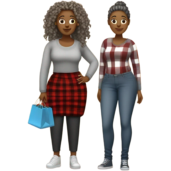 One Curvy woman gray locs in pants with shopping bag.  The other curvy woman is brown with red locs in a skirt with plaid sweater shopping at yard sale emoji