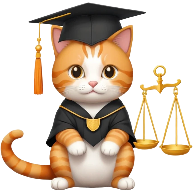 cat sitting, graduation cap on head, scales of justice in front emoji