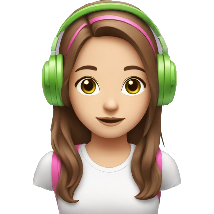 cute girl with brown hair and pink headphones with ears and green eyes emoji