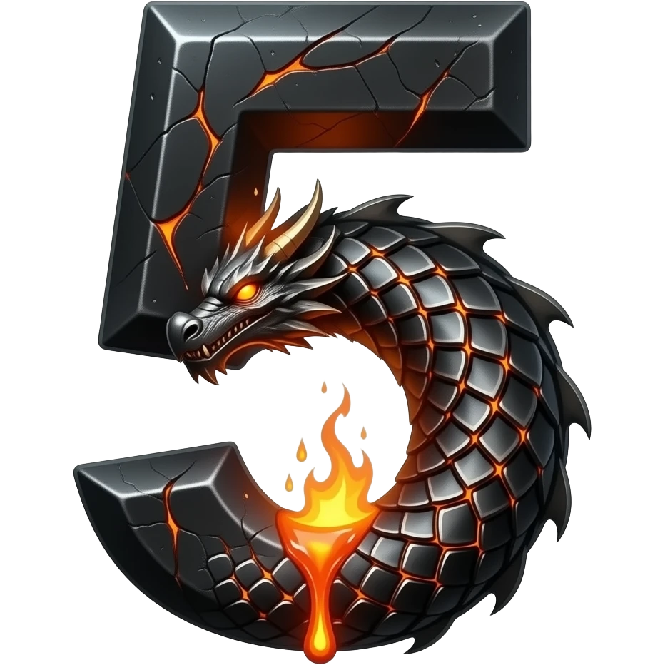 A heavy obsidian letter '5' with molten lava flowing through engraved draconic scales. Emitting orange embers and heat distortion. Dark fantasy aesthetic, metallic texture, dramatic shadows emoji