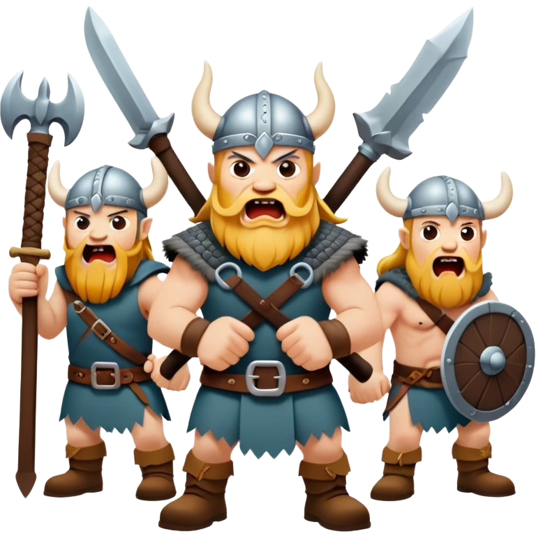 hree different Vikings scream, weapons in their hands, realistic emoji