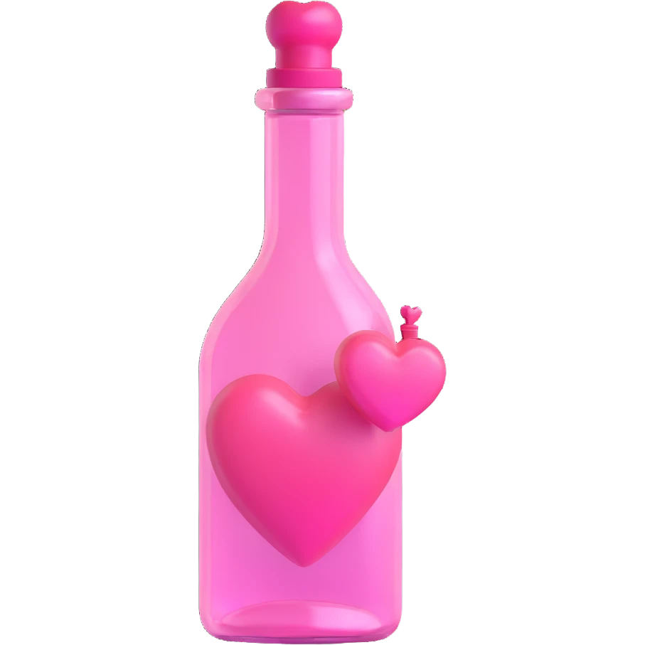 3D, transparent pink heart bottle, no Pepe or any character emoji