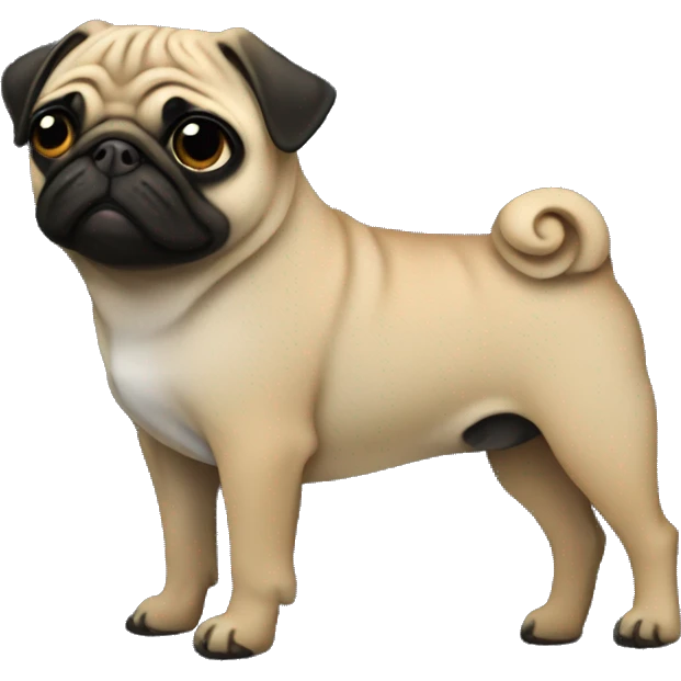 small pug wearing a denim jacket, side view, patches on the back of the denim jacket emoji