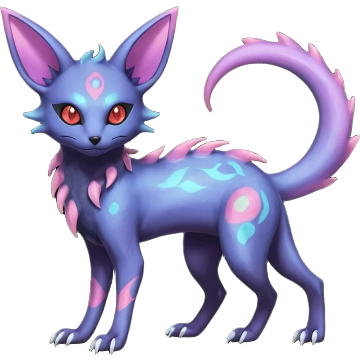 Rare epic aesthetic iridescent spooky gloomy colorful Salandit-Zorua-Espeon-Genet-species-Fakemon-hybrid-creature, with markings, full body emoji