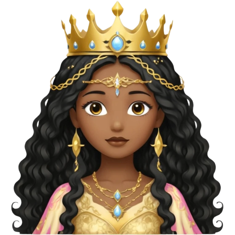 a black beautiful angel with gold pattern on her face and and long wavy black hair, she wears a ethereal crown with sparkling strings and a beautiful sparkling golden gown with moon crest in the middle of the gown, her face calm, gentle and kind, magical aura around her emoji
