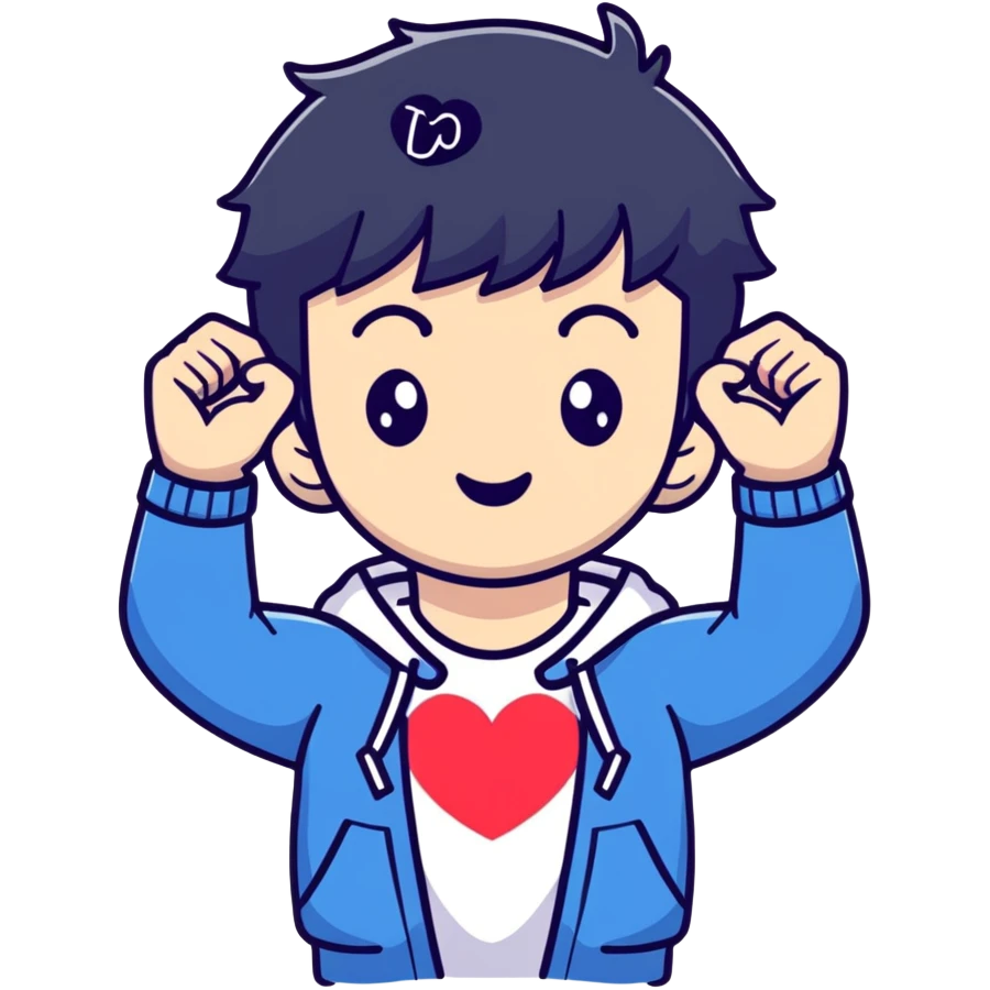 Black-haired male idol making a heart shape with his arms above his head, K-pop style emoji