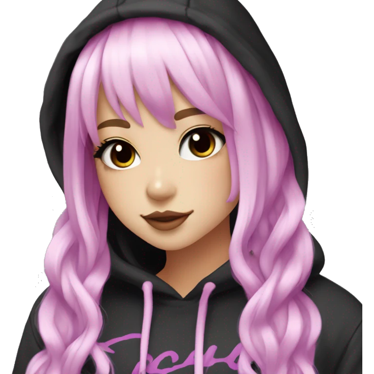 hime gyaru girl, long straight pink and purple hair, dark makeup, black and white hoodie emoji