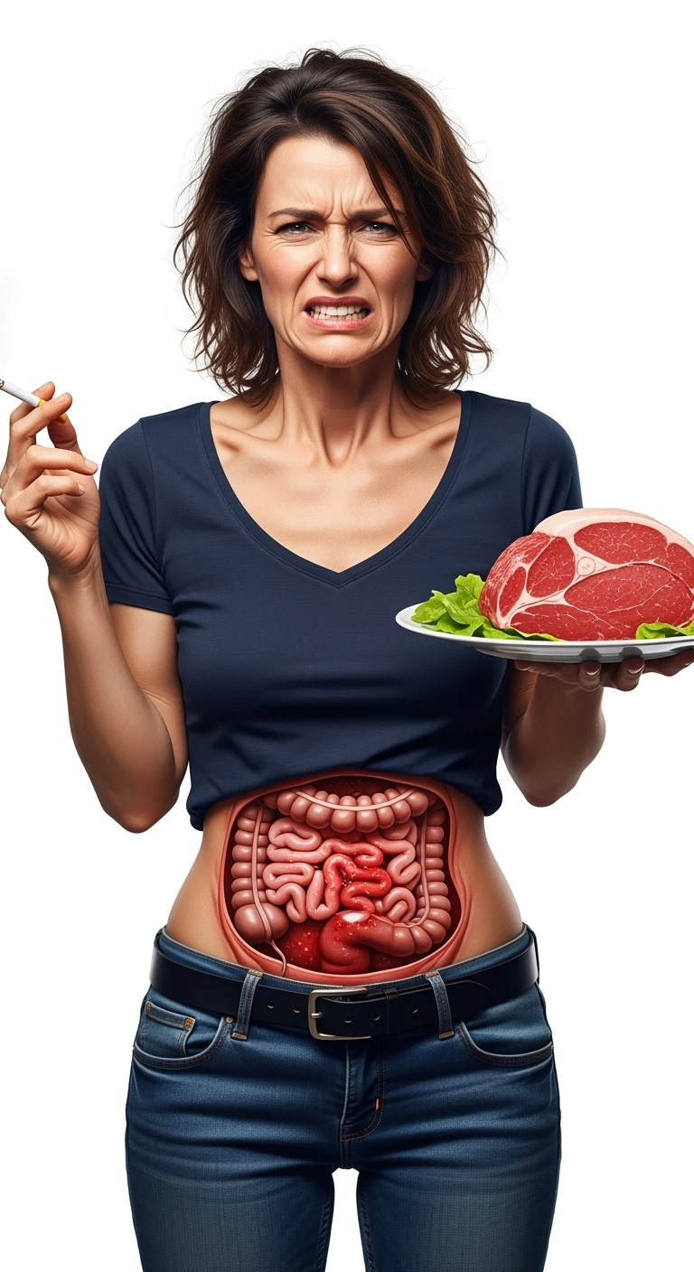 UNA DONNA REALISTICA CON UNA SIGARETTA IN MANO E UN PIATTO PIENO DI CARNE SIMMENTAL NELL'ALTRA MANO, INTESTINO ANATOMICO INFIAMMATO VISIBILE, MAL DI PANCIA, ISOLATA SU SFONDO BIANCO, IPERREALISTICA 4K emoji