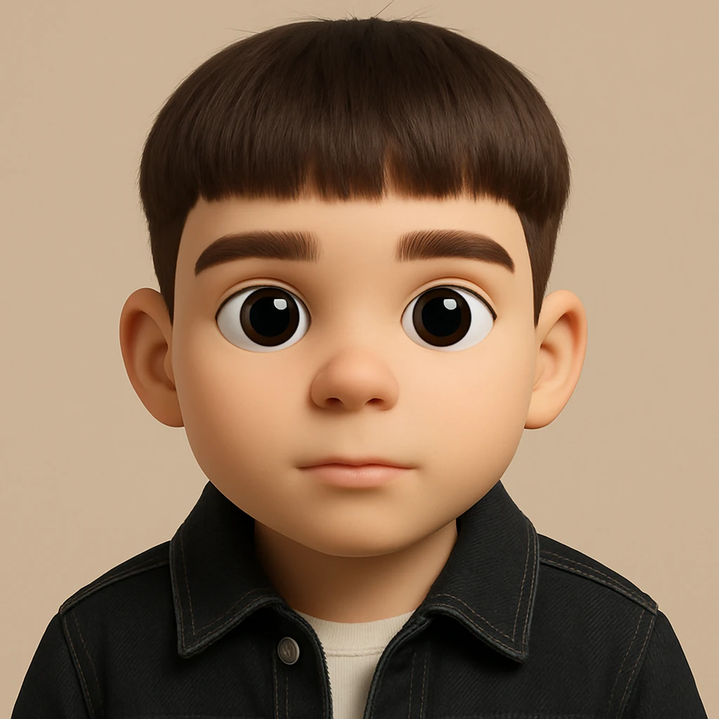 Create a realistic 3D emoji based on the photo with large eyes, preserving facial details, without pimples and mustache, wearing a black denim jacket. The style should resemble a 3D emoji look. emoji