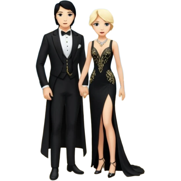 Blonde woman, black, Long, tight, sleveless Dress, Slot left Leg, man, black Hair, in Dinner jacket, Background ballroom emoji