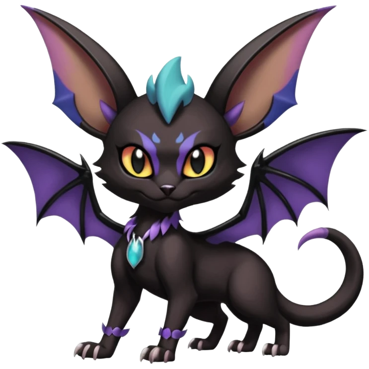 Black dark spooky badass cool shiny glossy smooth soft Black edgy Noivern-Noibat-Purloin-Torracat-Lykoi-Caracal-cat-Fakemon-fusion-hybrid-creature with bat wings on head as ears, big fangs, gothic markings emoji