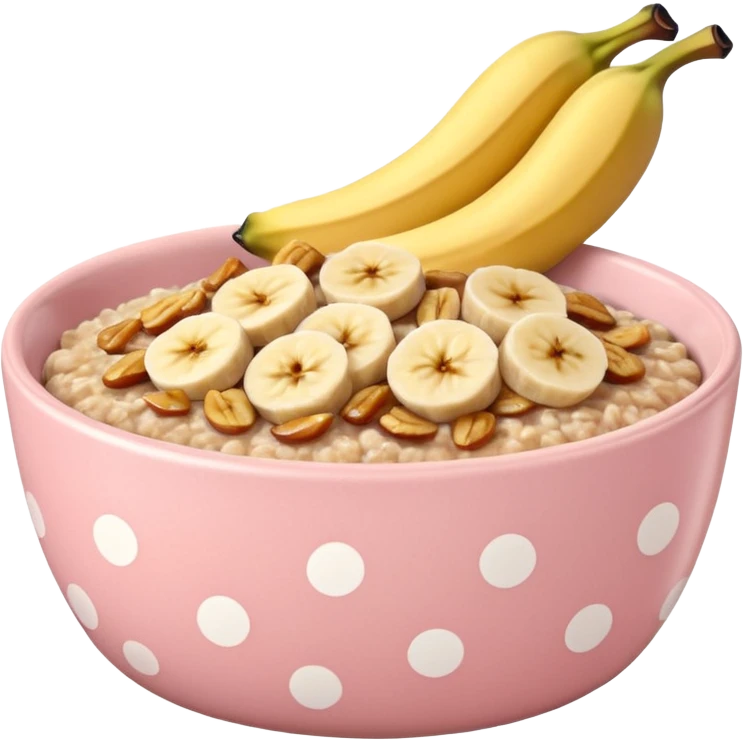 baked oats in a bowl like oat meal with a couple banana slices on top that look a little bit caramelised and a light pink bowl with white polka dots emoji