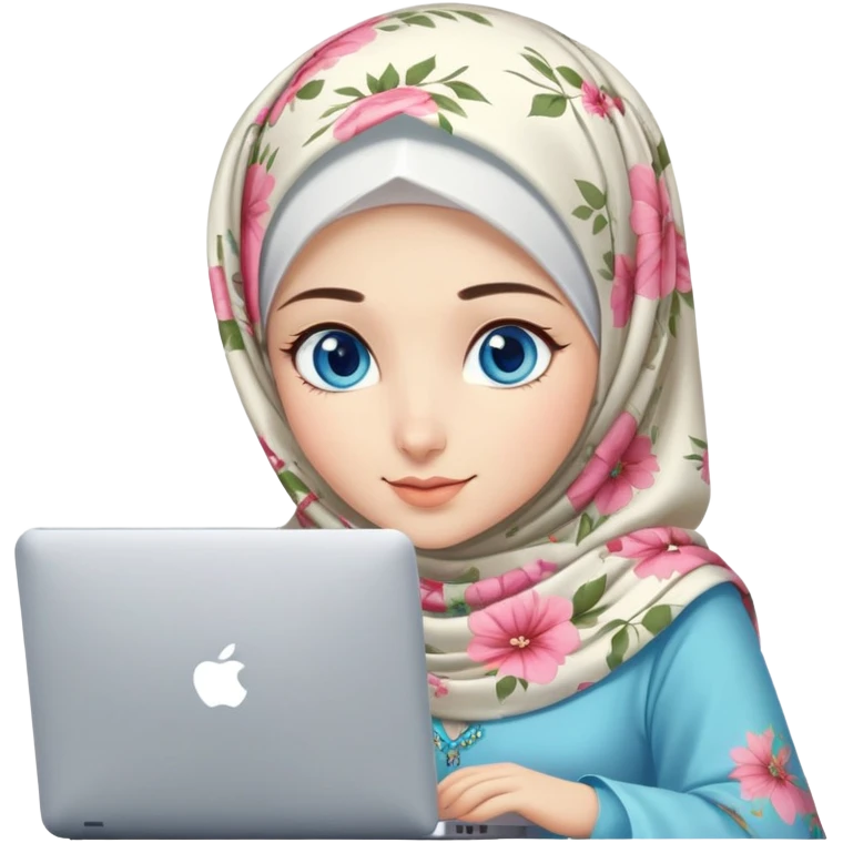 Turkish beautiful finish Konya girl blue eyes and light floral hijab and dress and she work on office with computer emoji