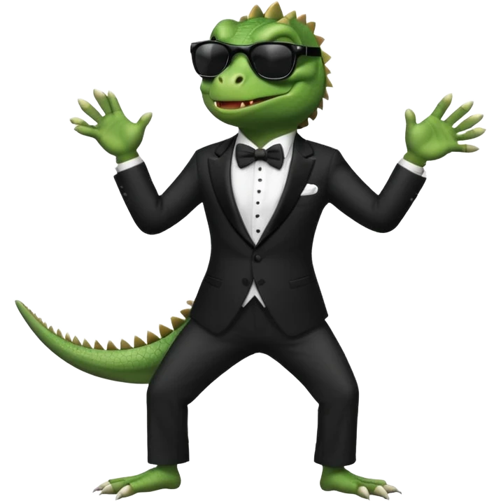 capitalist iguana banker in tuxedo and black sunglasses dancing crazy emoji