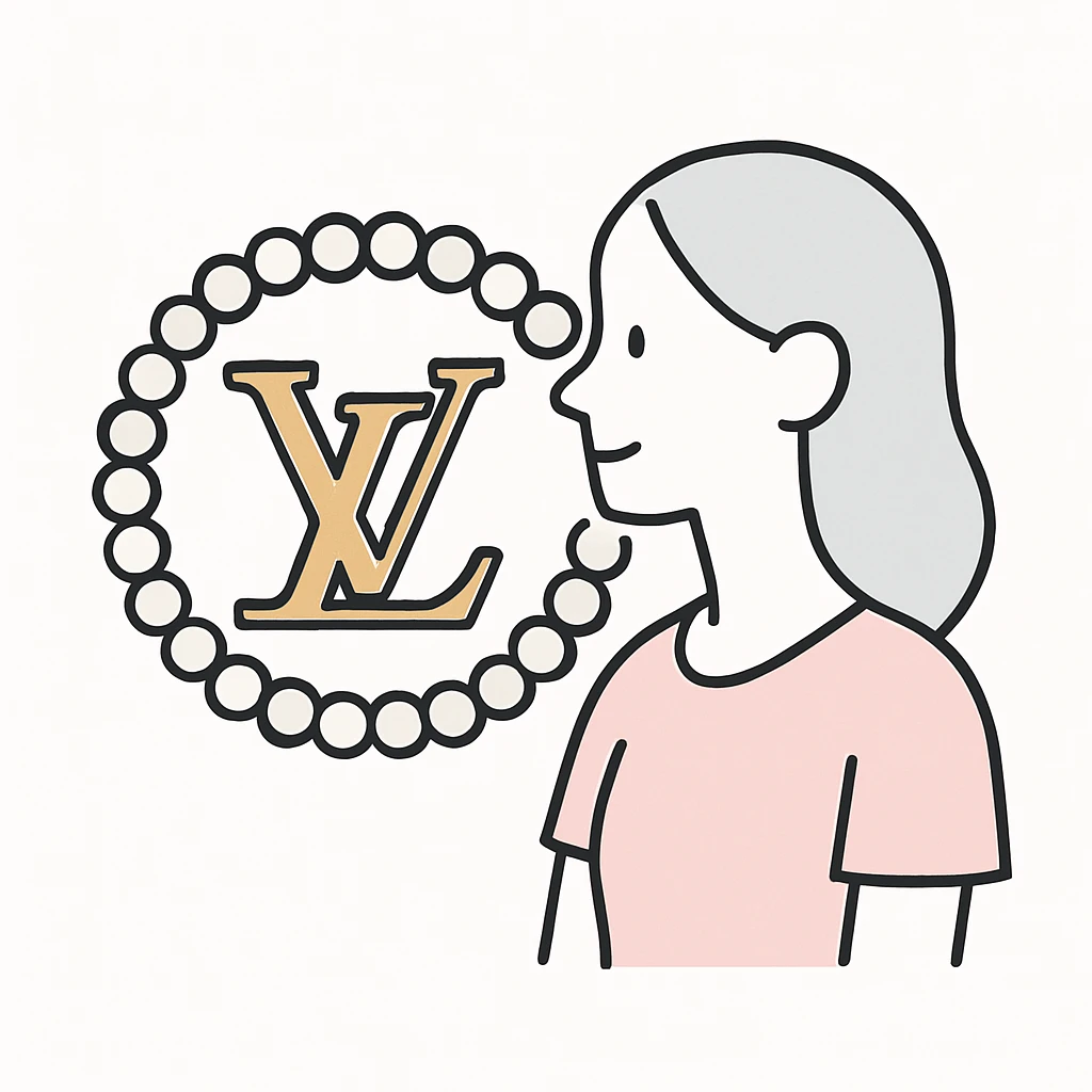 Louis Vuitton LV monogram, metallic gold, pearl border, elegant, flat pink gray style emoji