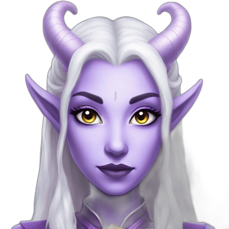 pure white tiefling priest girl, glowing lilac colored eyes emoji