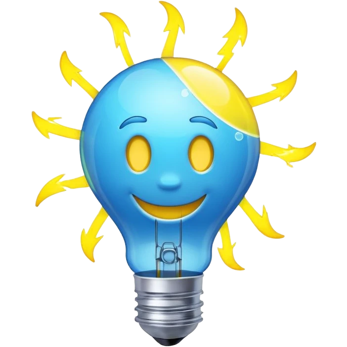 neon yellow smiling lightbulb emoji, rotating atom inside, chemical bubbles, electric blue lightning bolt coming out from top, colors #FFD700, #00BFFF, #FF69B4, fun innovation and science emoji