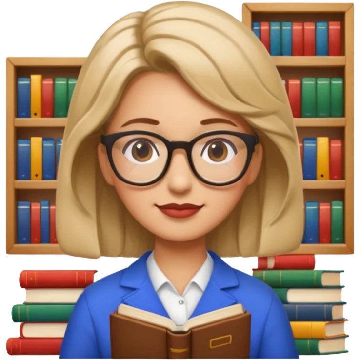 Google search character with librarian hairstyle and glasses, surrounded by books, apple emoji style emoji