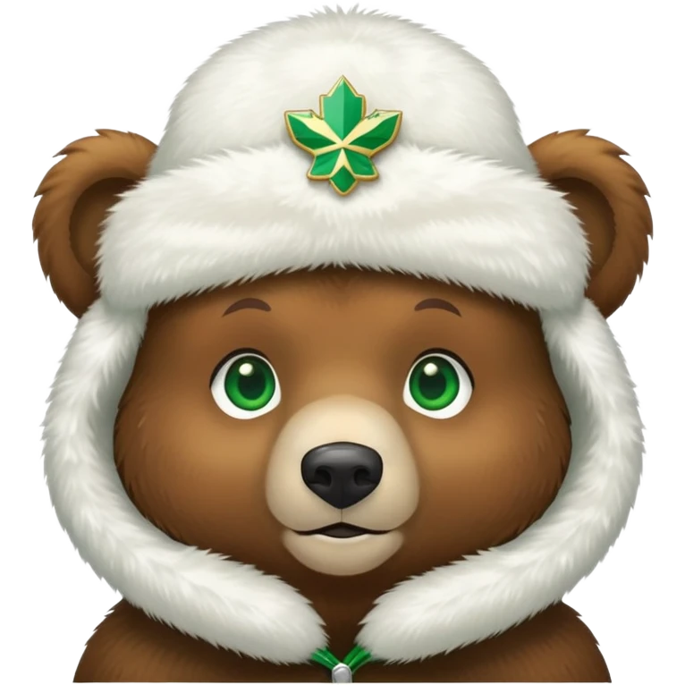 Adorable brown bear with green eyes, white furry ushanka with clear Russian Federation emblem centered on front, minimalist iOS emoji style emoji