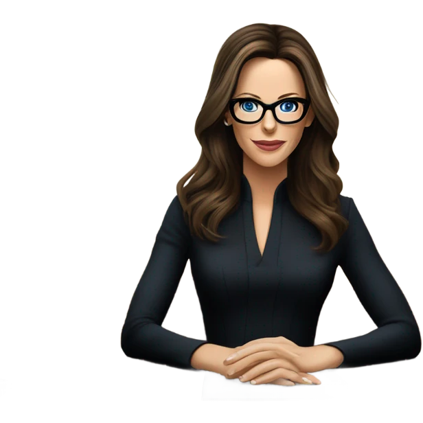 Hyper Realistic photo Kate Beckinsale blue eyes wearing glasses in a business meeting black dress emoji