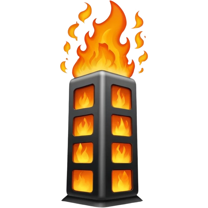 cartoonish PC tower with smoke and fire emoji
