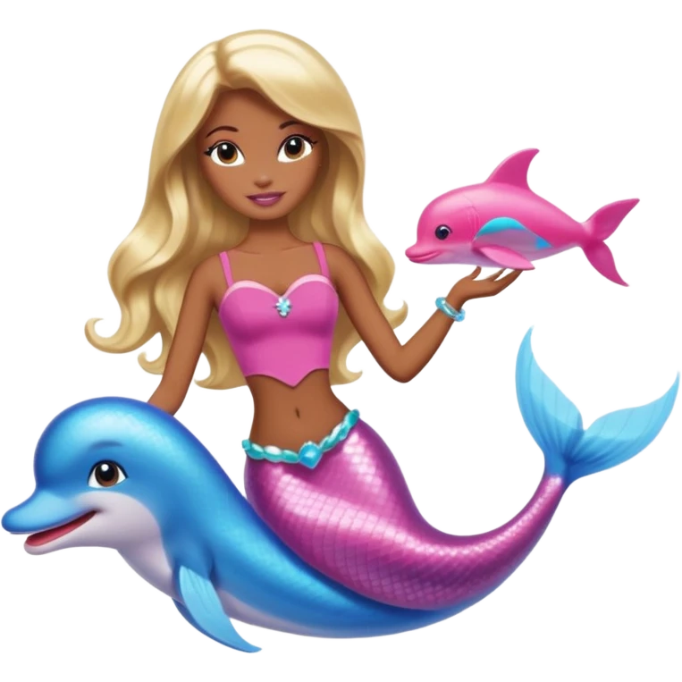Brown skin blonde hair barbie mermaid with pink dolphin  emoji