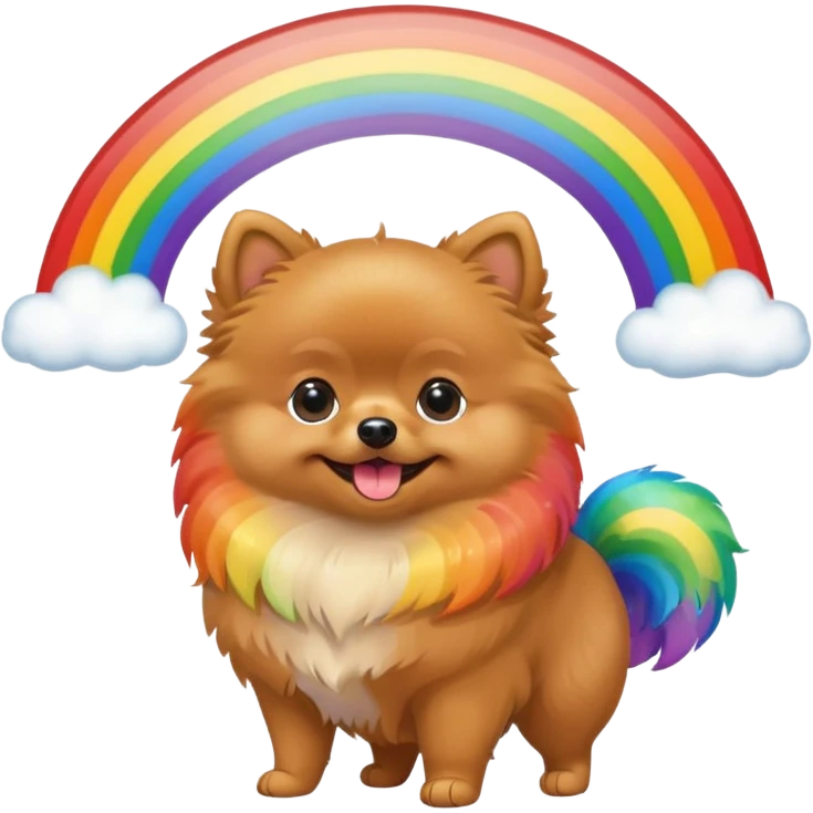A perfect Tan Pomeranian holding a rainbow emoji