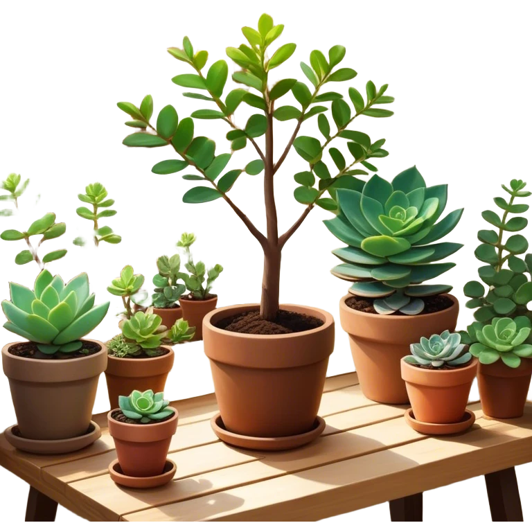 Close-up of a potted sapling in rich soil surrounded by vibrant plants and succulents. Bright sunlight filters through the window, casting soft shadows. Nearby gardening tools rest on a wooden table. Cozy indoor atmosphere with greenery and flowers. emoji