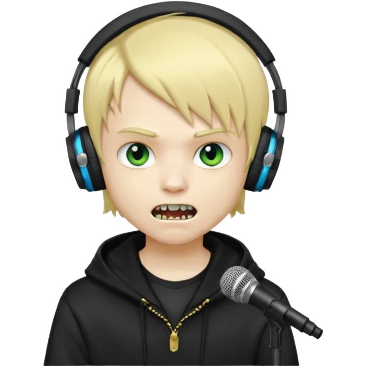 boy vampire whit blonde emo hair and eyes blue and GREEN SKIN and heandphones black AND A MICROFONE AND GOLD TEETH and agesive face and the hoodie black  emoji