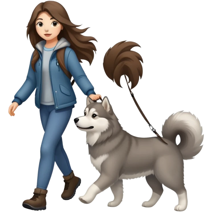 A girl with long brown hair walks a gray Alaskan emoji