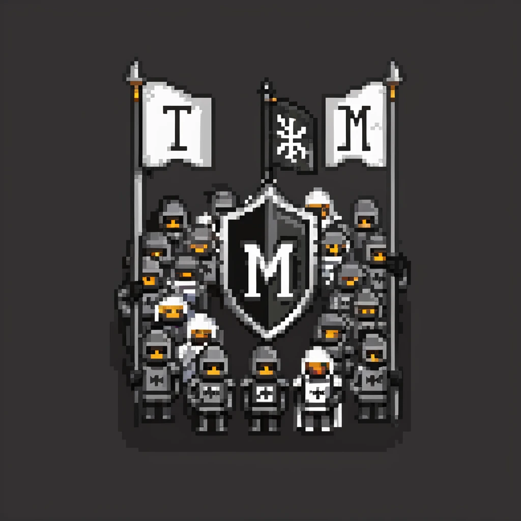 crowd of black knights with a black flag with letter M emoji