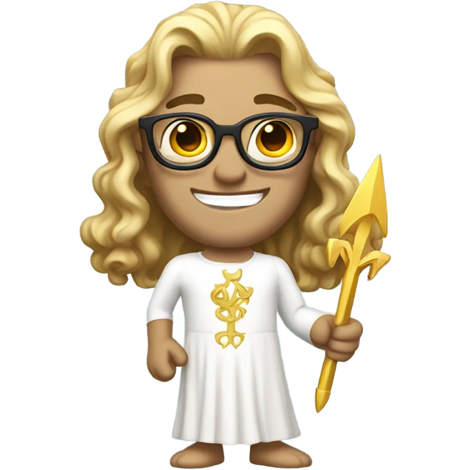 white Poseidon with gold Trident and nerd glasses. long hair white dress. smile . wink. pointing us emoji