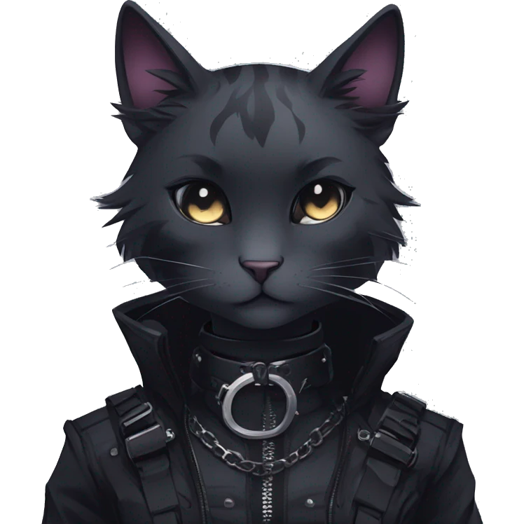 Gorgeous gothic dark techwear anime style anthro cat with blushing face aesthetic and pretty edgy black with collar and harness trending style emoji