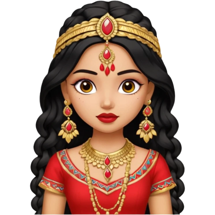 a pretty bratz fair indian girl wearing a red indian wedding outfit,  golden jewellery, black wavy hair emoji