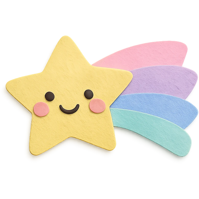 adorable pastel bright shooting star, rainbow trail, no arms or legs, full body, kawaii paper craft style emoji
