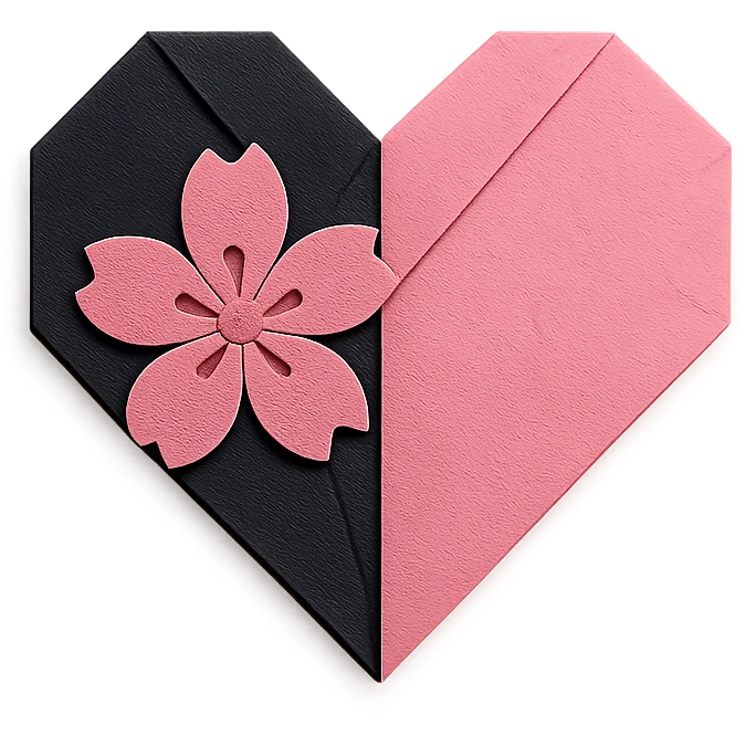goth sakura heart, origami paper folds, black and pink, crafty and minimal emoji