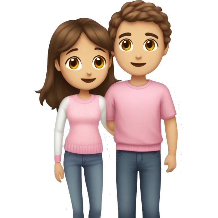 a boy with brown hair kisses a girl with brown hair and white bangs on the cheek, the girl is wearing a pink sweater and the boy is wearing a white T-shirt emoji