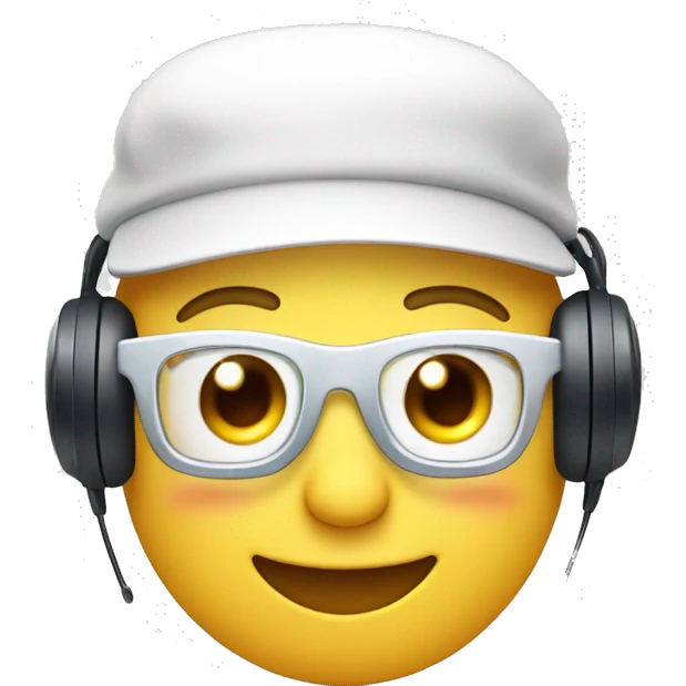 Smiling face with white round cap, glasses and Head sets emoji