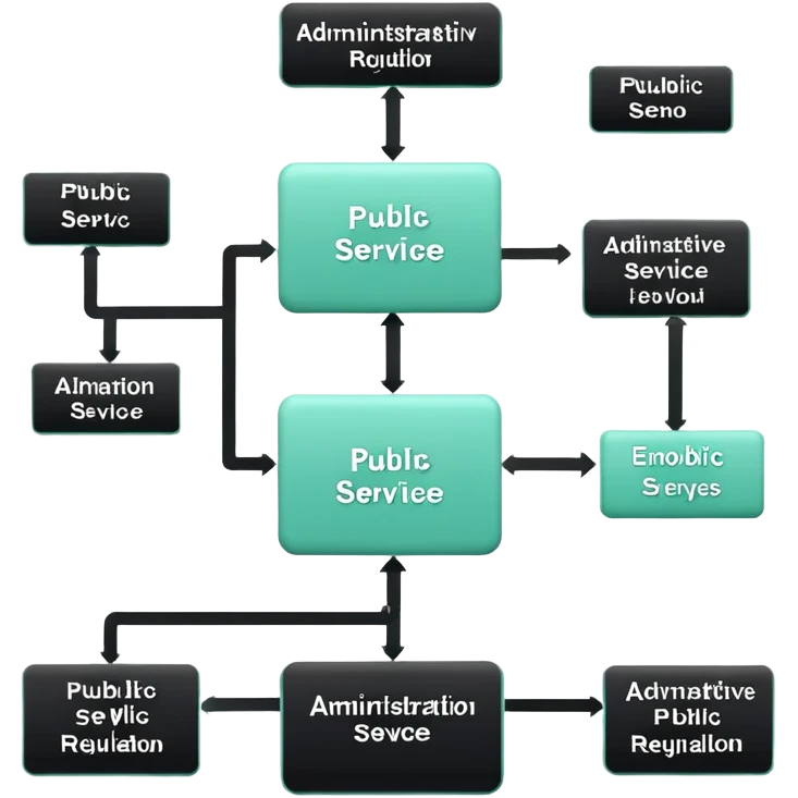 Fonction Publique (Public Service), 3D technical icon with black and mint green (#B5F4D3), administrative protocol flowchart with public service regulation codes emoji