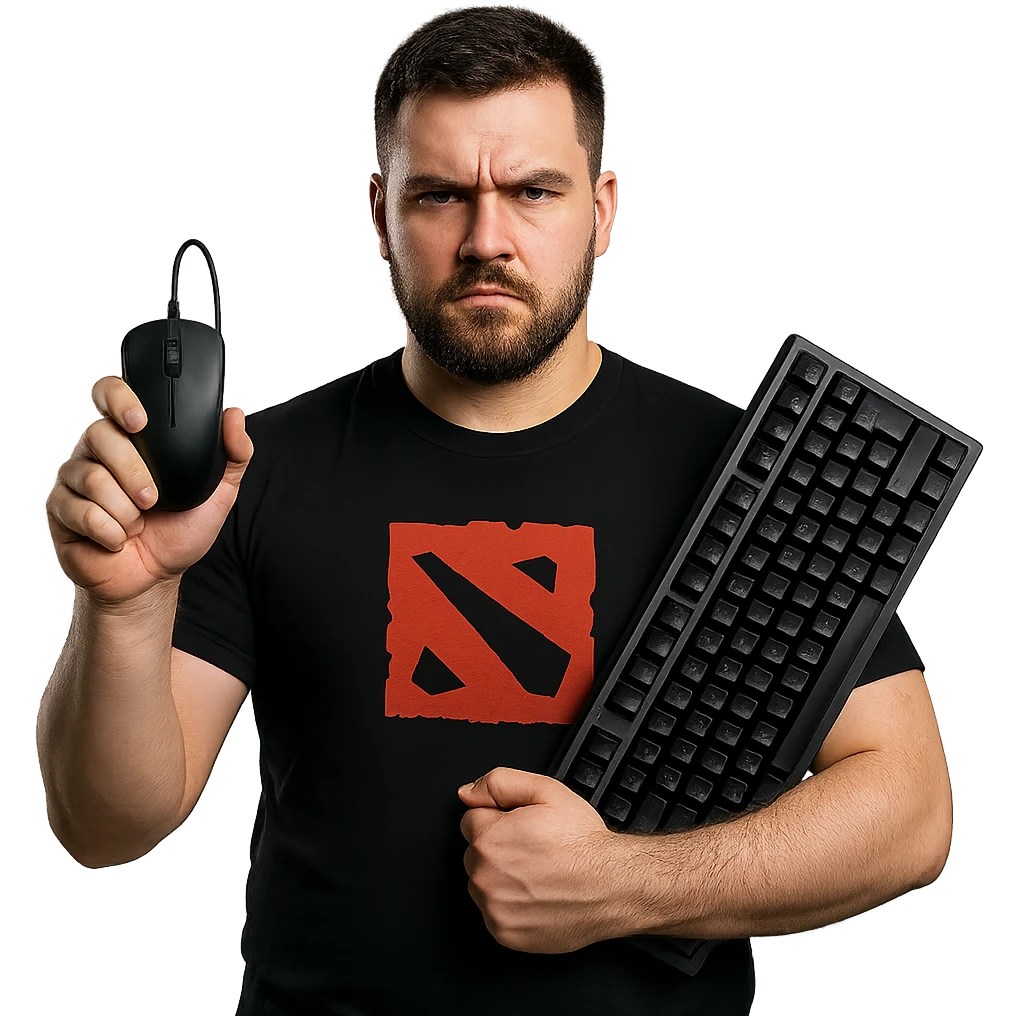 A tough-looking Dota 2 player with a serious expression, holding a mouse and keyboard emoji