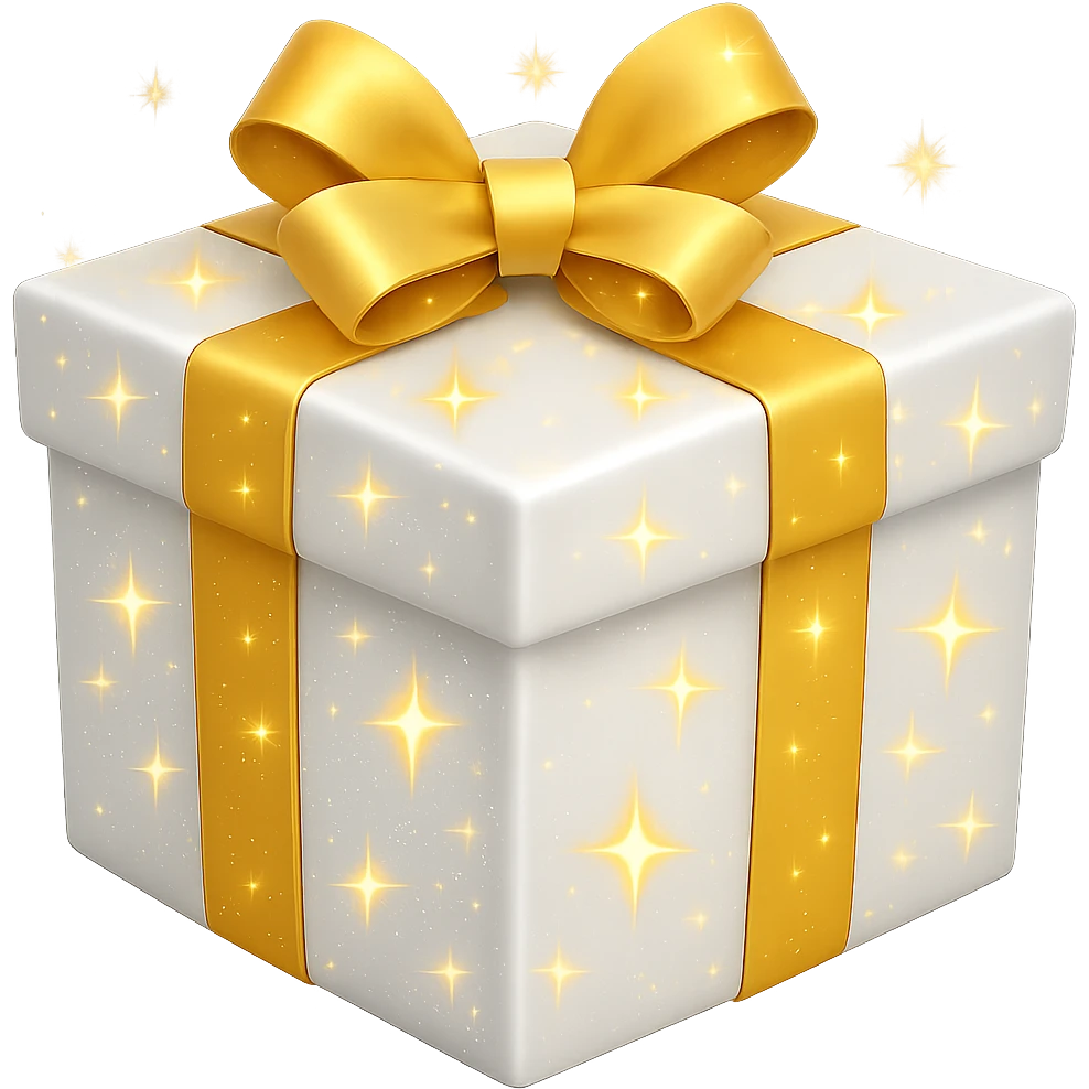 Add sparkles to the white present. Keep the background transparent. The style is a white present with a transparent background. emoji