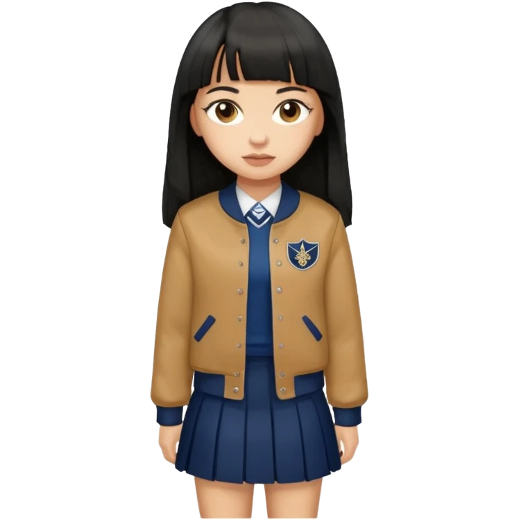 hair : black long hair with fringe 
skin : light 
cloth : brown varsity jacket + navy long long school girl skirt 


 emoji