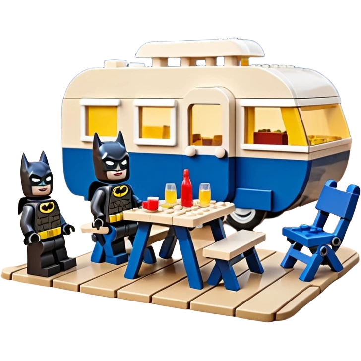  Ultra cute futuristic Lego Haunted Batman and Catwoman dream house Caravan with picnic table and folding chairs alone at romantic night  emoji