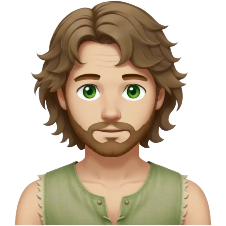 medieval summer outfit worn by a DnD themed fantasy male character. basic sleeveless linen tunic with a loose fit and frayed edges. clothes only above the waist. The clothes full waist. The character's haven't arms. character is white-skinned, brown hair, green eyes, shoulder-length wavy hair. emoji