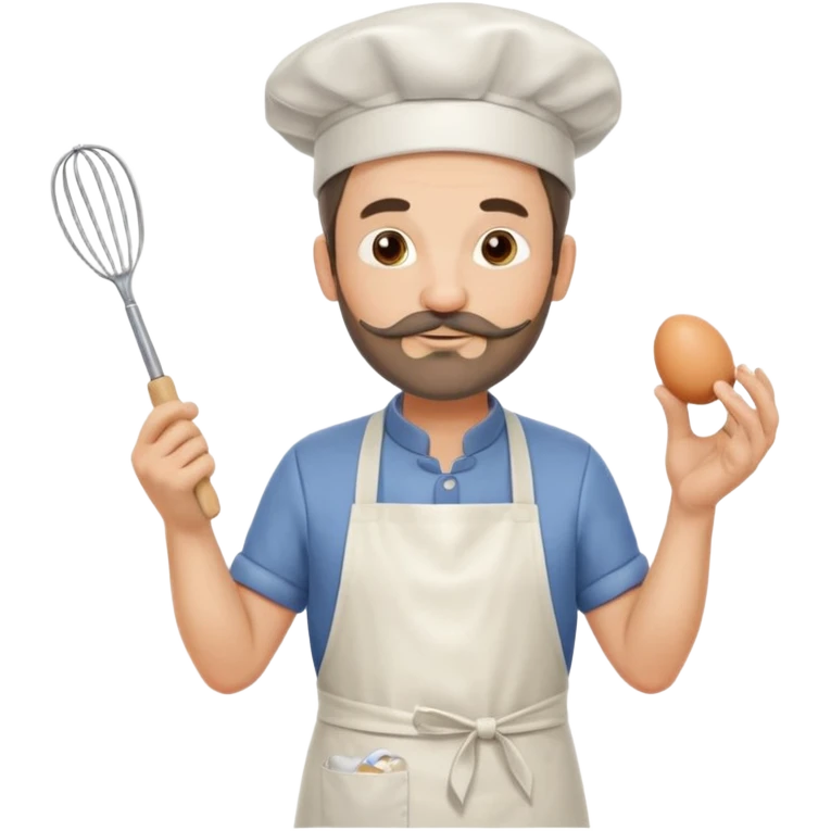 Middle aged male pastry chef - with a small beard, apron, white hat, holding an egg beater in his right hand, and his left hand naturally hanging down to his side emoji