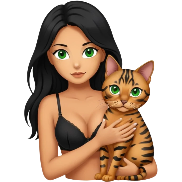woman holding bengal act with green eyes, black long hair tanned woman, black bra emoji