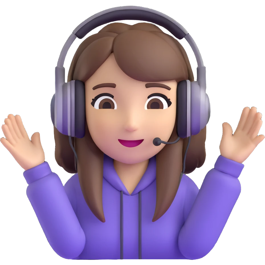 brown-haired gamer girl, excited expression, headphones, head only, emote emoji